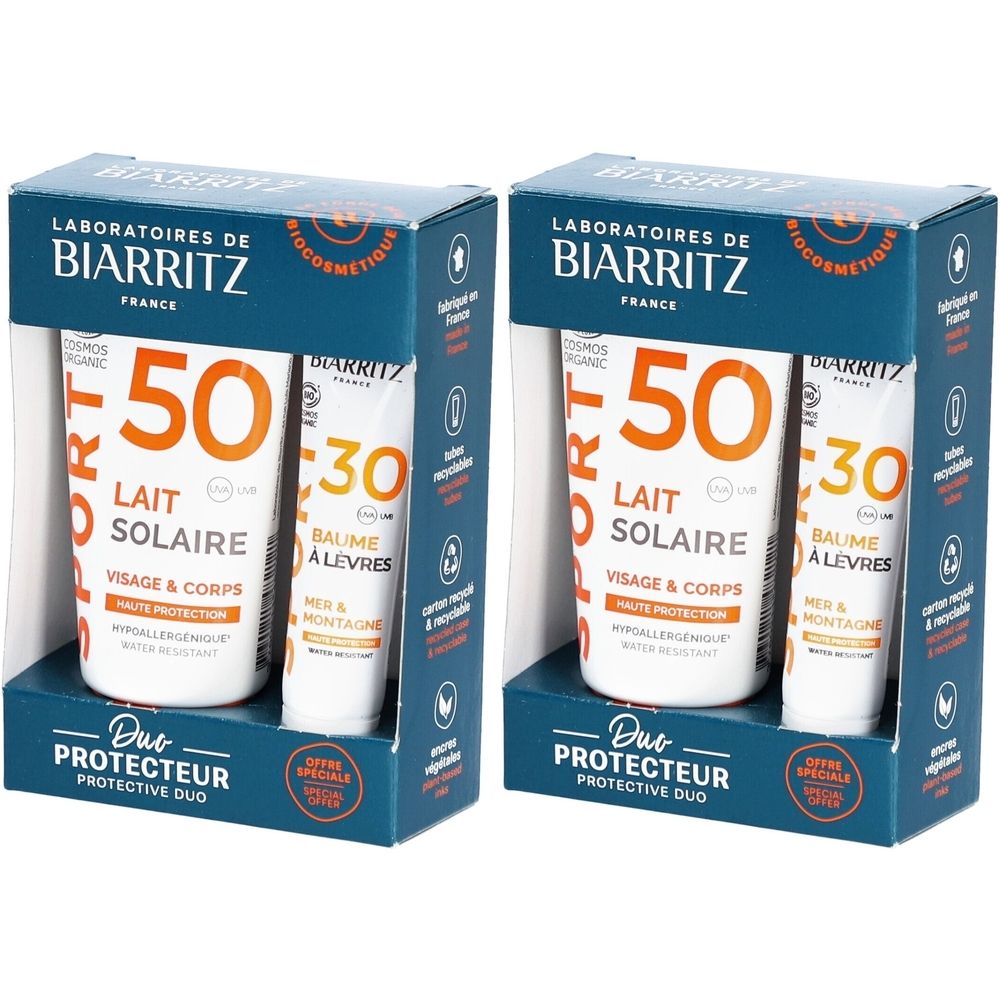 Deux coffrets Duo Protecteur. Chaque coffret contient un lait solaire SPF50 et un baume à lèvres SPF30. Emballage bleu et blanc.