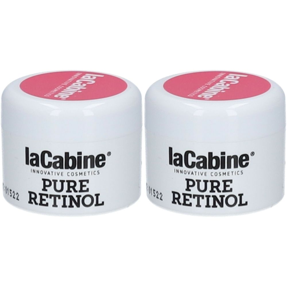 Twee witte potjes met roze deksels. Op de potjes staat "laCabine Pure Retinol".