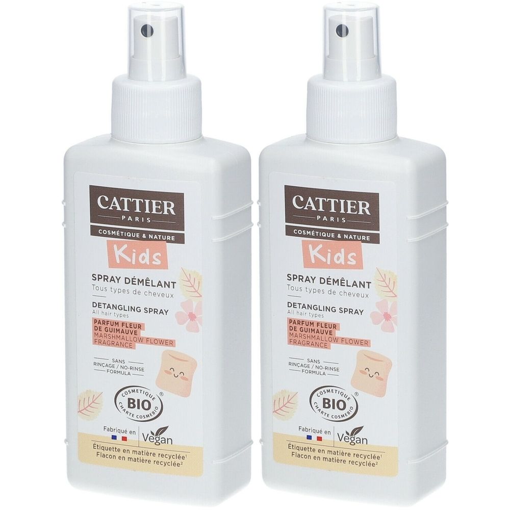 Twee witte sprayflessen met CATTIER Kids, Spray Démêlant. Bio-certificering en Vegan-logo. Met bloemen.