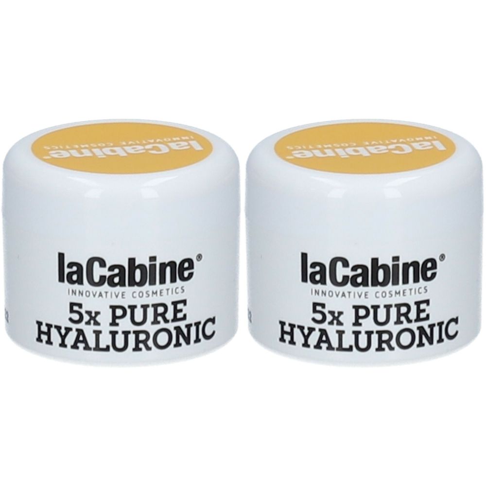 Deux pots blancs avec couvercles jaunes. Sur les pots, on lit "laCabine 5x PURE HYALURONIC".