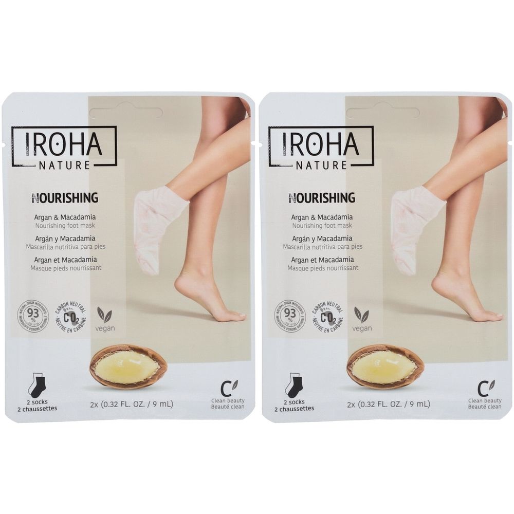 Deux paquets de masques pour les pieds. Chaque paquet montre une femme avec une chaussette sur un pied. Texte: IROHA NATURE, Argan & Macadamia.
