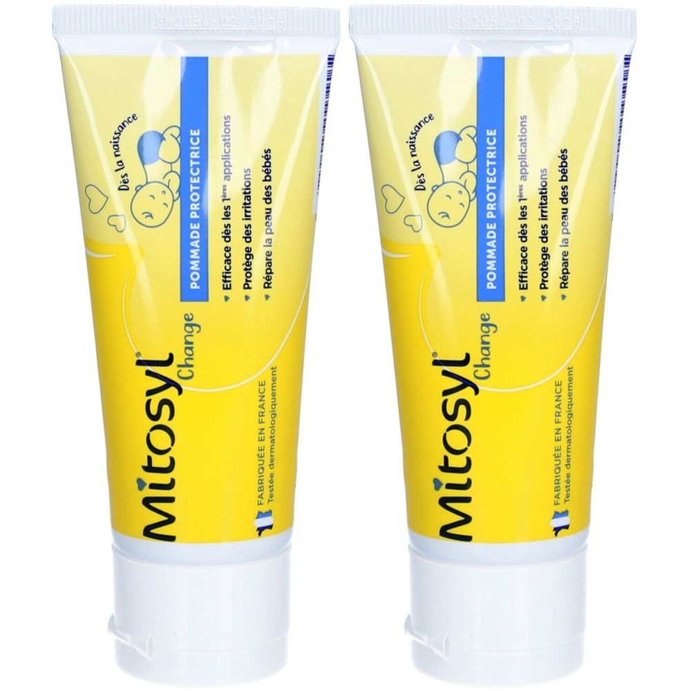 Twee tubes Mitosyl Change Pommade Protectrice. Gele tubes met blauwe en witte tekst. Tekst: « Efficace dès les 1 applications ».