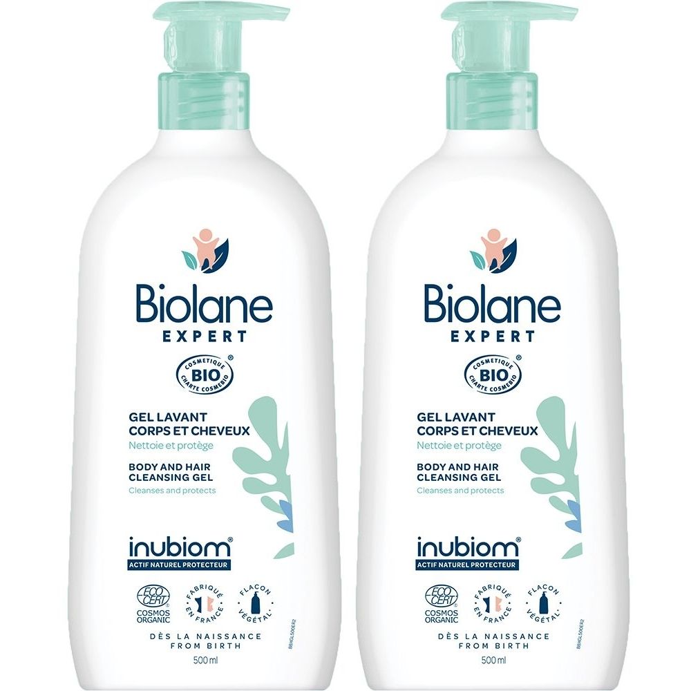 Deux flacons blancs avec pompe verte. Inscription Biolane Expert, Gel Corps & Cheveux Bio. Certifications et texte.