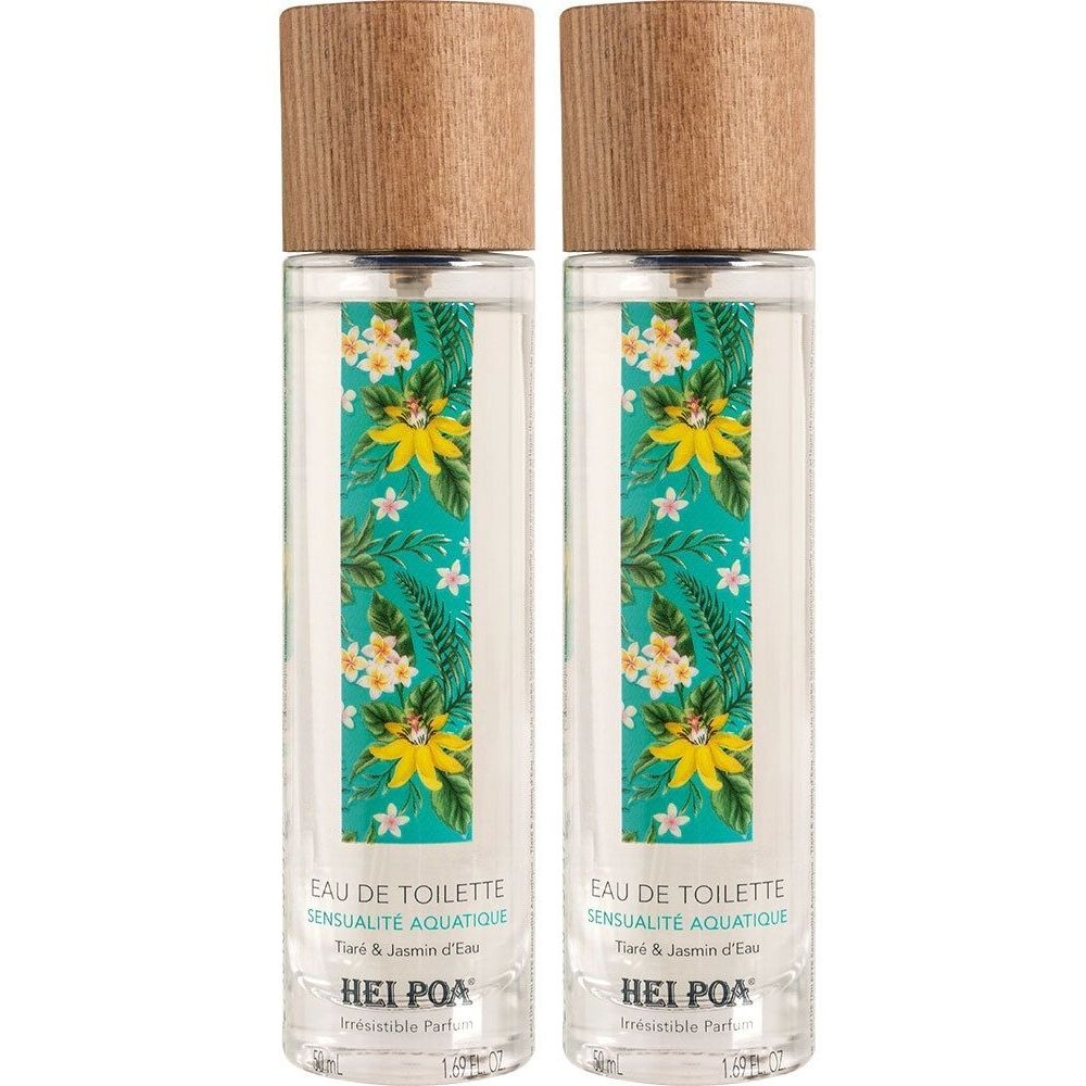 Twee flacons Eau de Toilette. Houten dop, transparante fles met bloemenpatroon. Opschrift: HEI POA, Eau de Toilette Sensualité Aquatique.