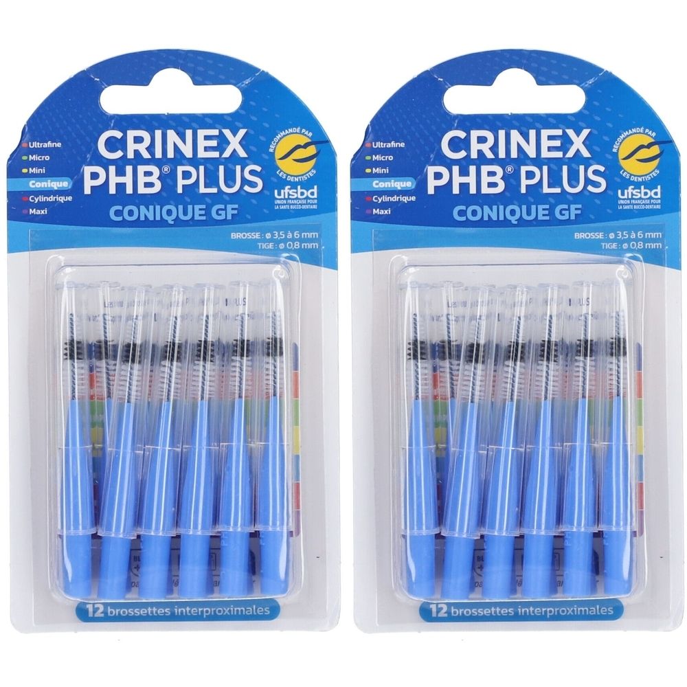 Deux paquets de Crinex PHB Plus Conique GF. Manches bleus, soies transparentes. 12 brossettes interdentaires par paquet.