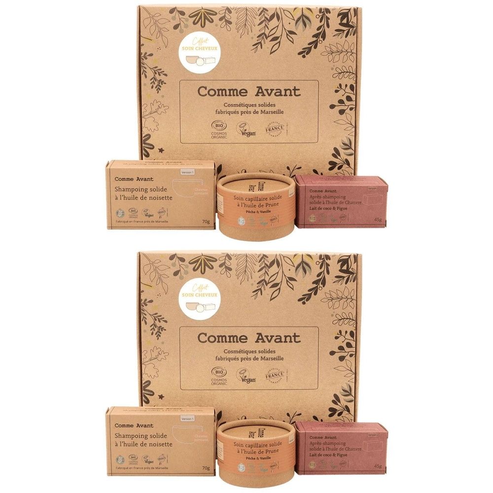 Geschenkdoos met haarverzorgingsproducten. Bevat vaste shampoos, zeep en een ronde pot. Merk: Comme Avant. Verpakking van karton.