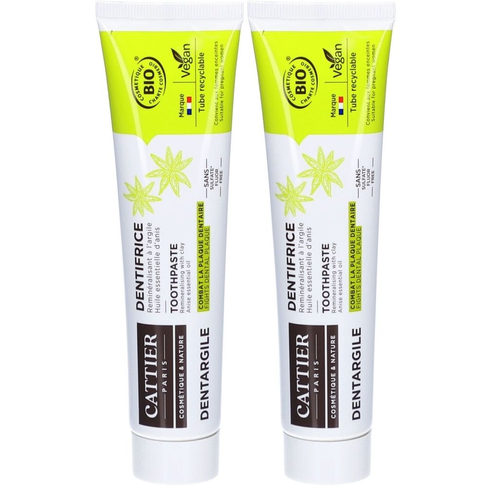 Deux tubes de dentifrice. Inscription : Cattier Dentargile Dentifrice, Bio, Vegan. Combat la plaque dentaire.