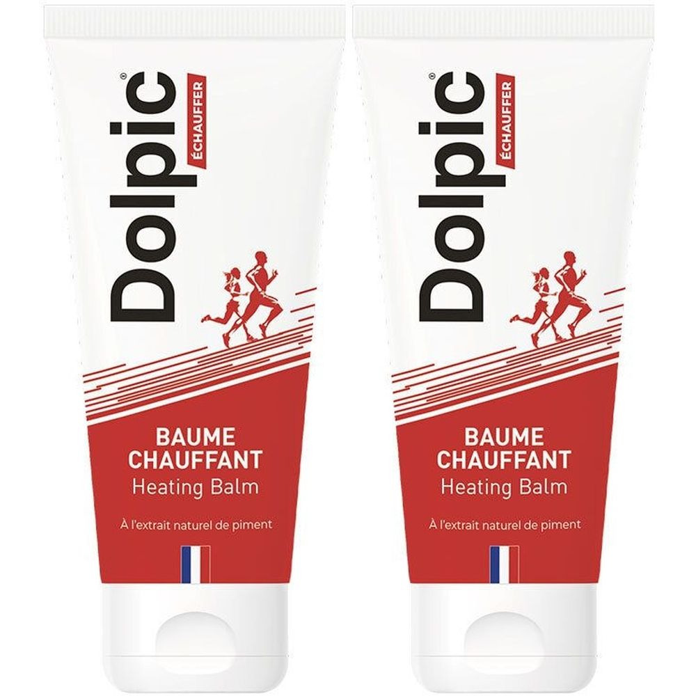 Deux tubes blancs. Sur chaque tube, on lit "Dolpic", "Baume Chauffant", et "Heating Balm".