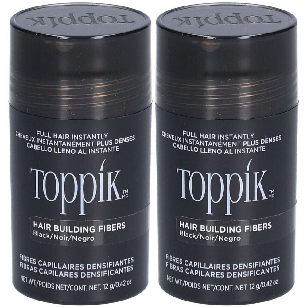 Twee zwarte Toppik-flessen. Opschrift: Hair Building Fibers, Zwart/Noir/Negro. Netto gewicht: 12 g/0,42 oz.