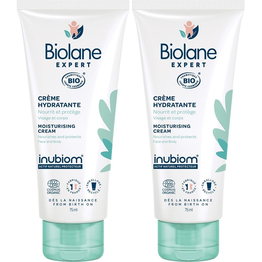 Deux tubes de crème Biolane Expert. Crème Hydratante, certifiée bio. Inscription : Dès la naissance. Emballage recyclable.