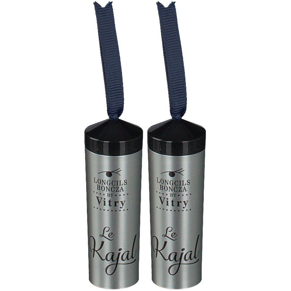 Twee cilindrische tubes met zwarte dop en blauw lint. Opschrift: Le Kajal, Vitry.