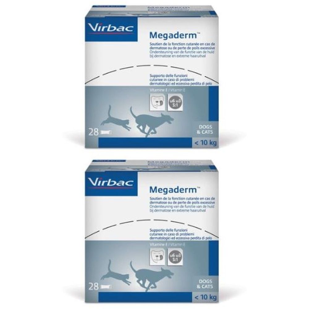 Twee dozen Megaderm van Virbac. Opschriften: 28, honden & katten, < 10 kg. Blauw en witte verpakking.
