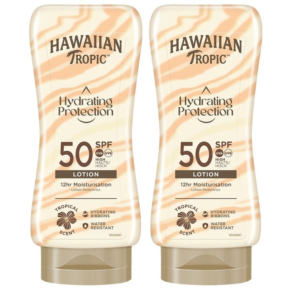 Deux flacons de lotion solaire. Inscription: HAWAIIAN TROPIC Hydrating Protection, SPF 50, Lotion. Parfum tropical et résistant à l'eau.