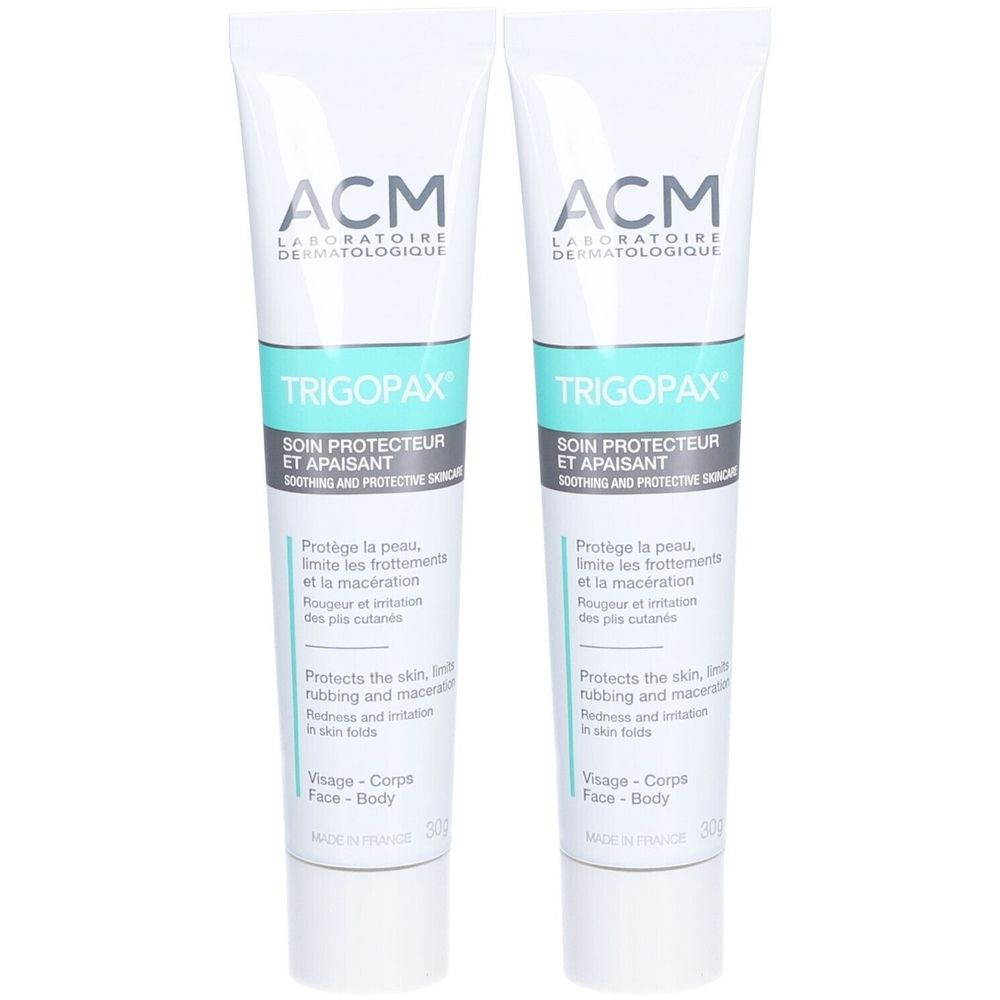Deux tubes de Trigopax ACM. Tubes blancs avec bande turquoise. Inscription : Soin protecteur et apaisant. Visage-Corps.
