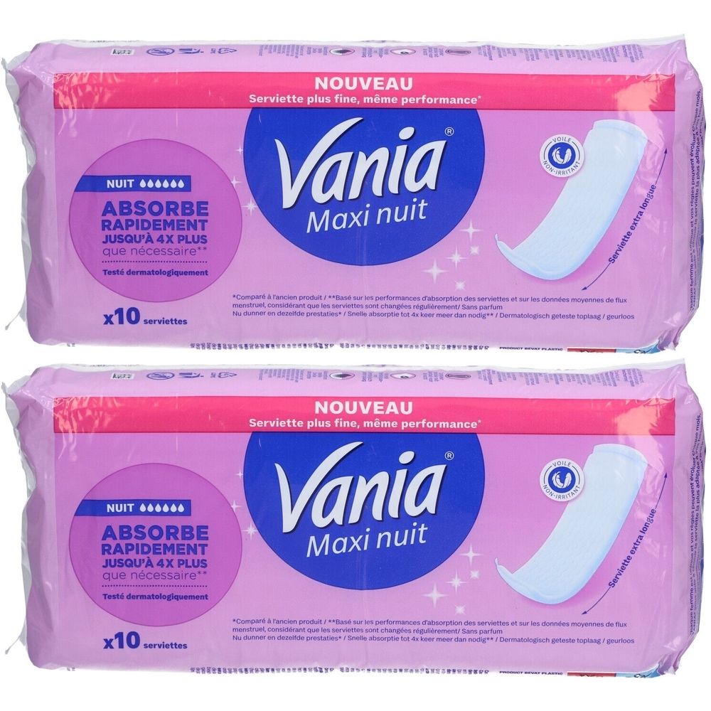 Twee verpakkingen Vania Maxi nuit. Roze verpakking met productafbeelding en tekst. Bevat 10 maandverbanden. 'Absorbeert snel'.