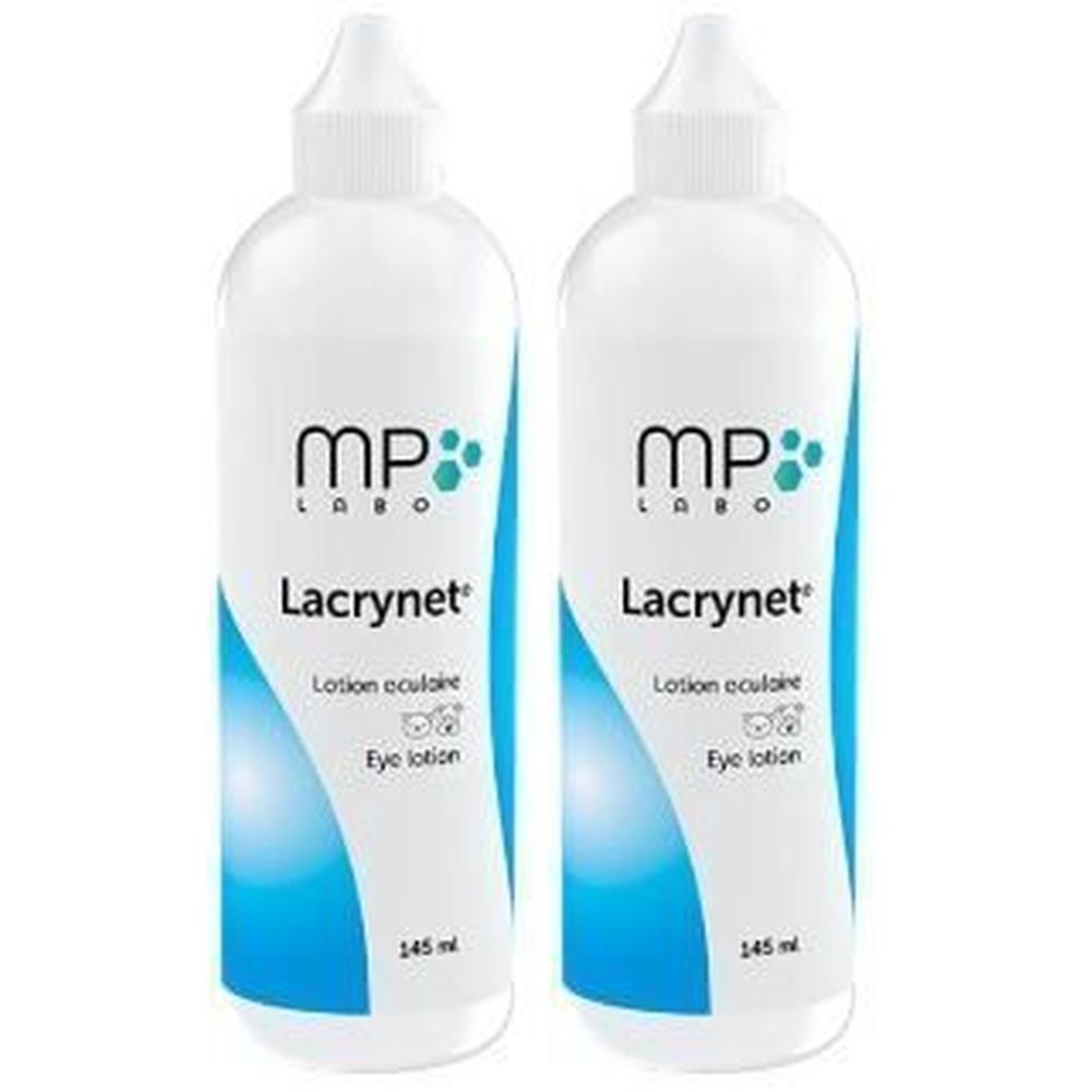 Twee witte flessen met blauwe accenten. Opschrift: MP Labo Lacrynet, ooglotions. 145 ml.