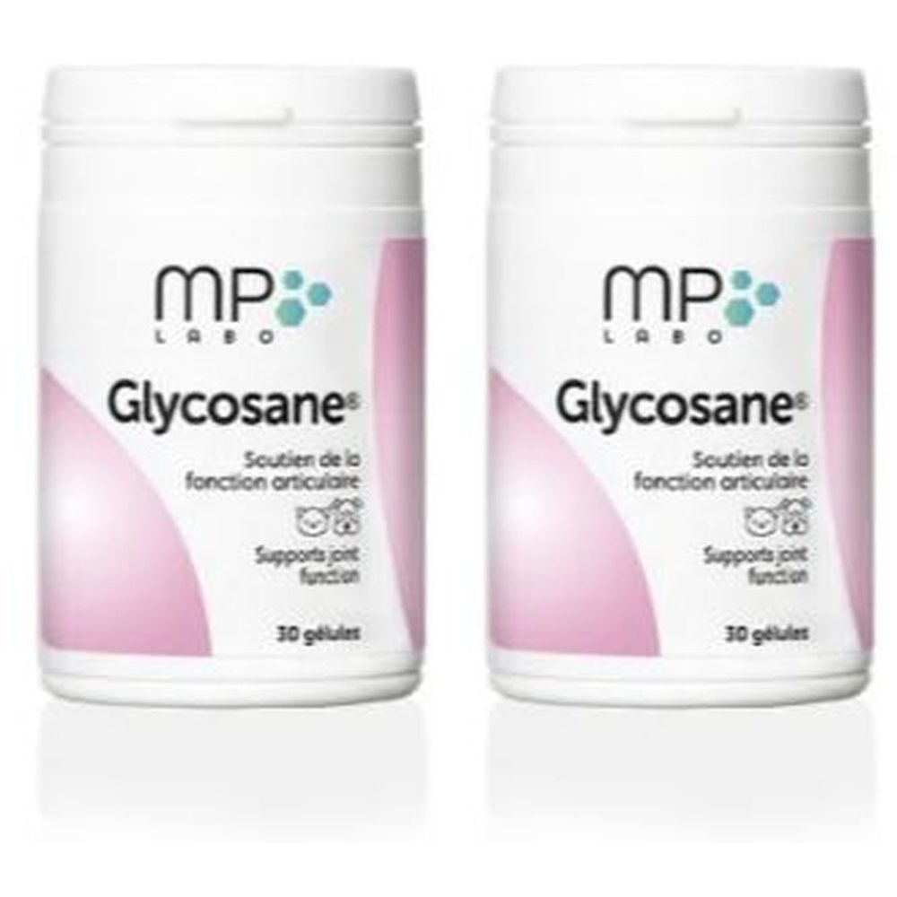 Twee witte potten met roze accenten. Opschrift: MP LABO, Glycosane, ondersteunt de gewrichtsfunctie, 30 capsules.