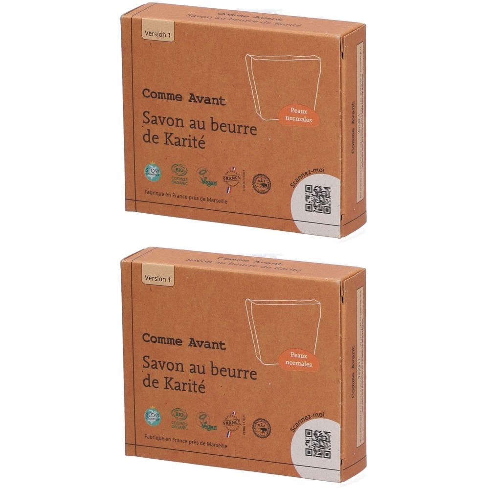 Deux boîtes de "Comme Avant Savon au beurre de Karité". Emballage marron avec nom du produit et logos.