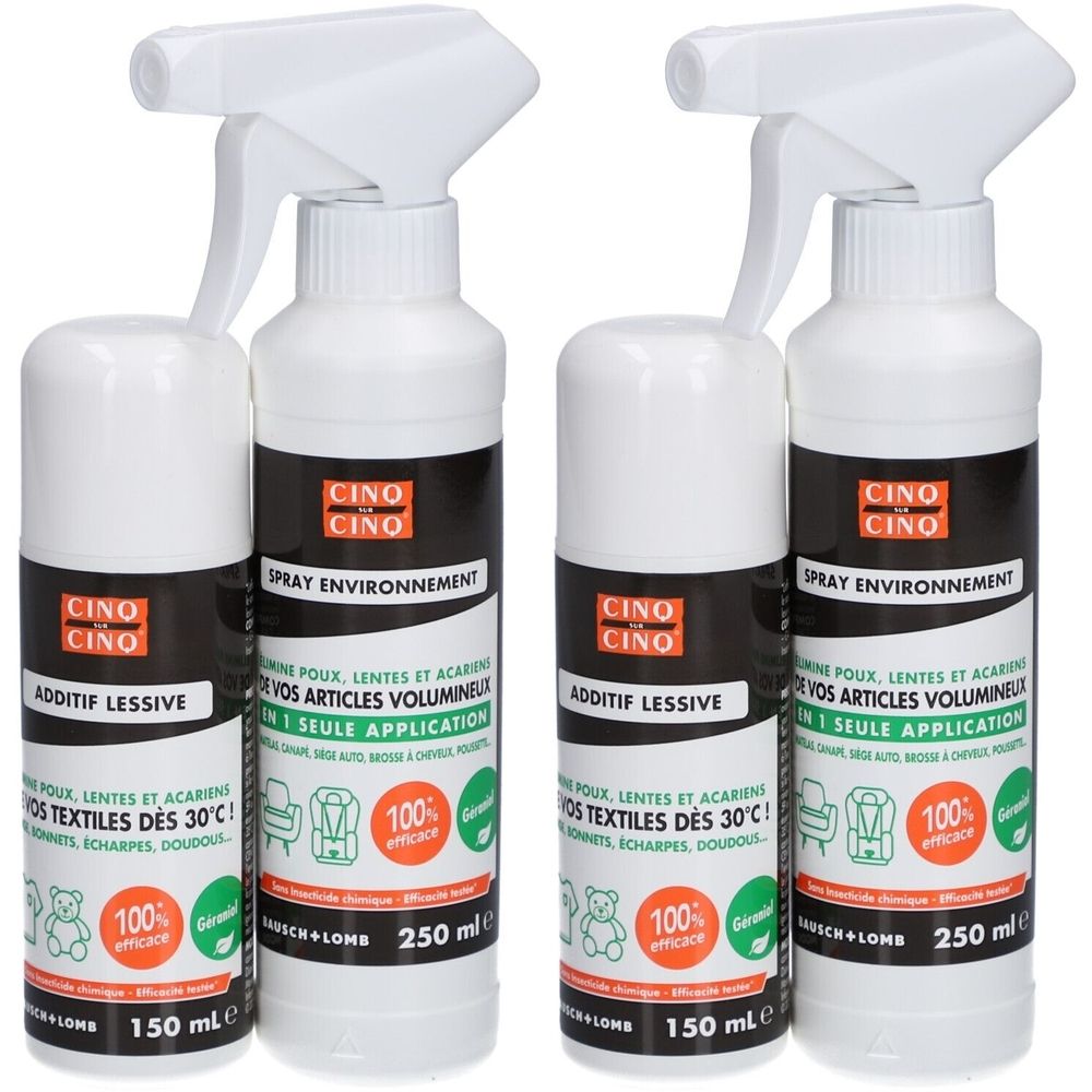 Twee witte spuitflessen en twee kleinere flessen. Zwarte etiketten met tekst en logo. Opschrift: Spray Environnement, Additif Lessive.