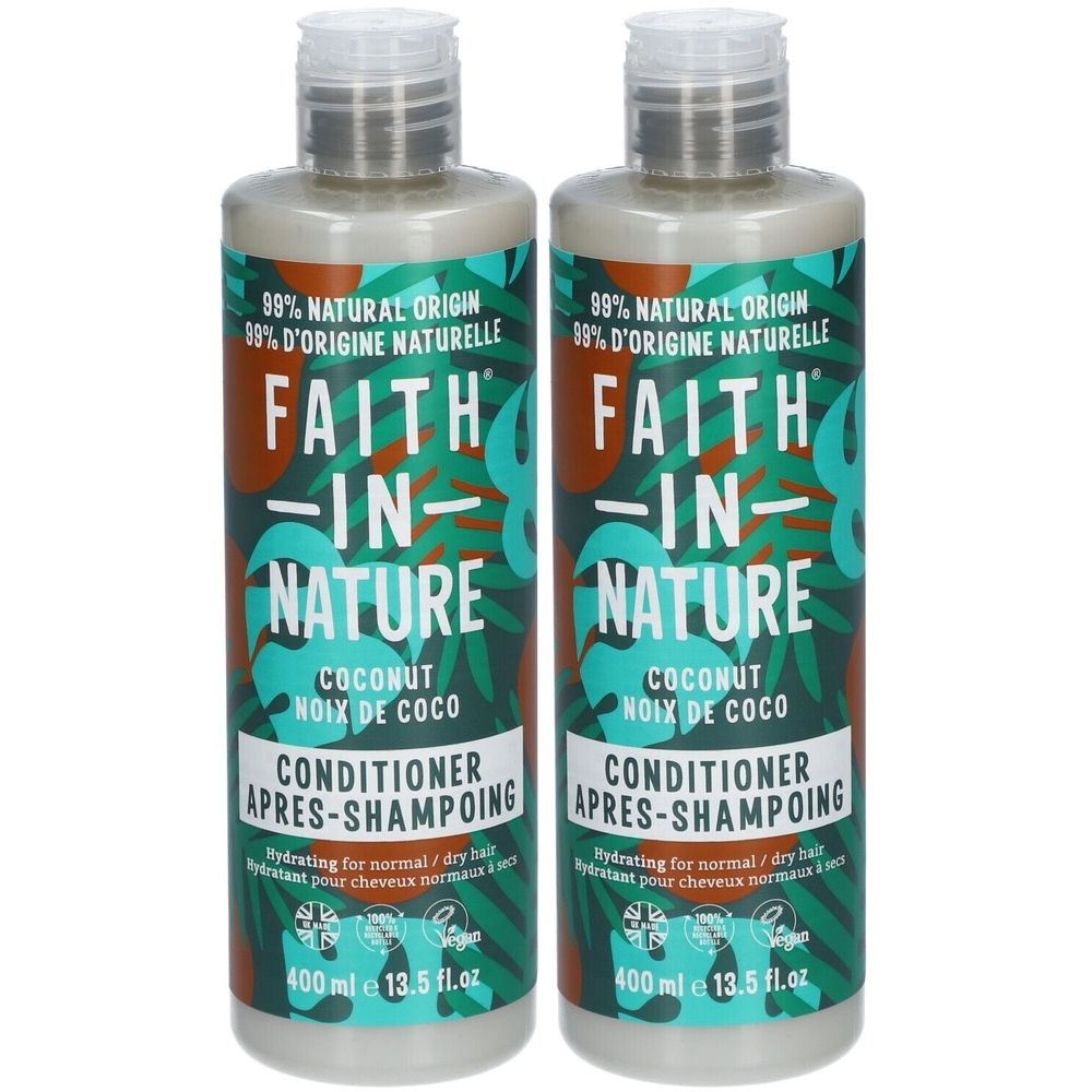 Twee flessen conditioner. Opschrift: FAITH IN NATURE, Coconut. 99% natuurlijke oorsprong. Vegan zegel. 400 ml.