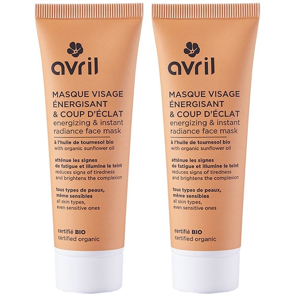 Deux tubes de masque visage. Inscription: Avril, Masque Visage Énergisant & Coup d'Éclat, certifié Bio.