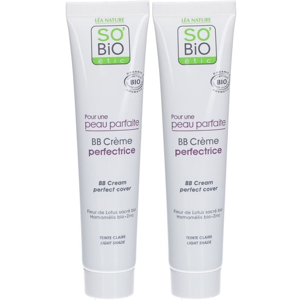 Deux tubes de BB Crème perfectrice. Inscription: SO BIO etic, certification BIO, Pour une peau parfaite, Teinte Claire.
