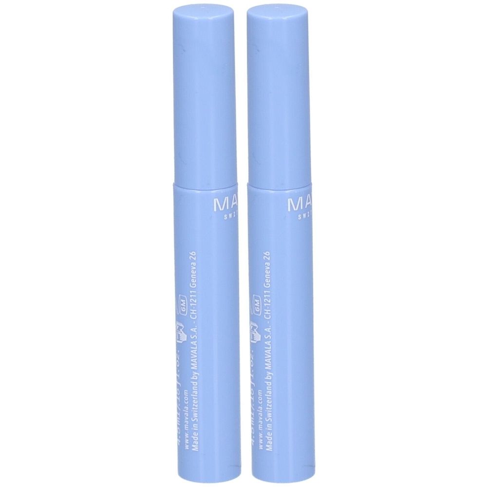 Deux flacons cylindriques bleu clair. Inscription MAVALA, Made in Switzerland. Les bouchons et les flacons sont de la même couleur.