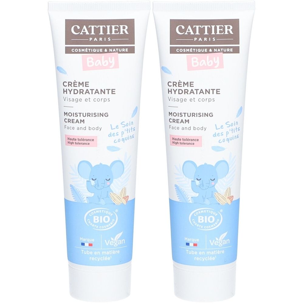 Deux tubes de crème hydratante bébé CATTIER. Inscription "BIO" et "Vegan". Texte en français et anglais. Illustration d'un éléphant bleu.