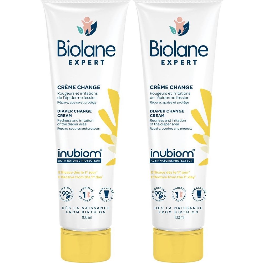 Twee tubes crème. Opschrift: Biolane Expert Crème Change. Gele en witte verpakking. Tekst in het Frans en Engels.
