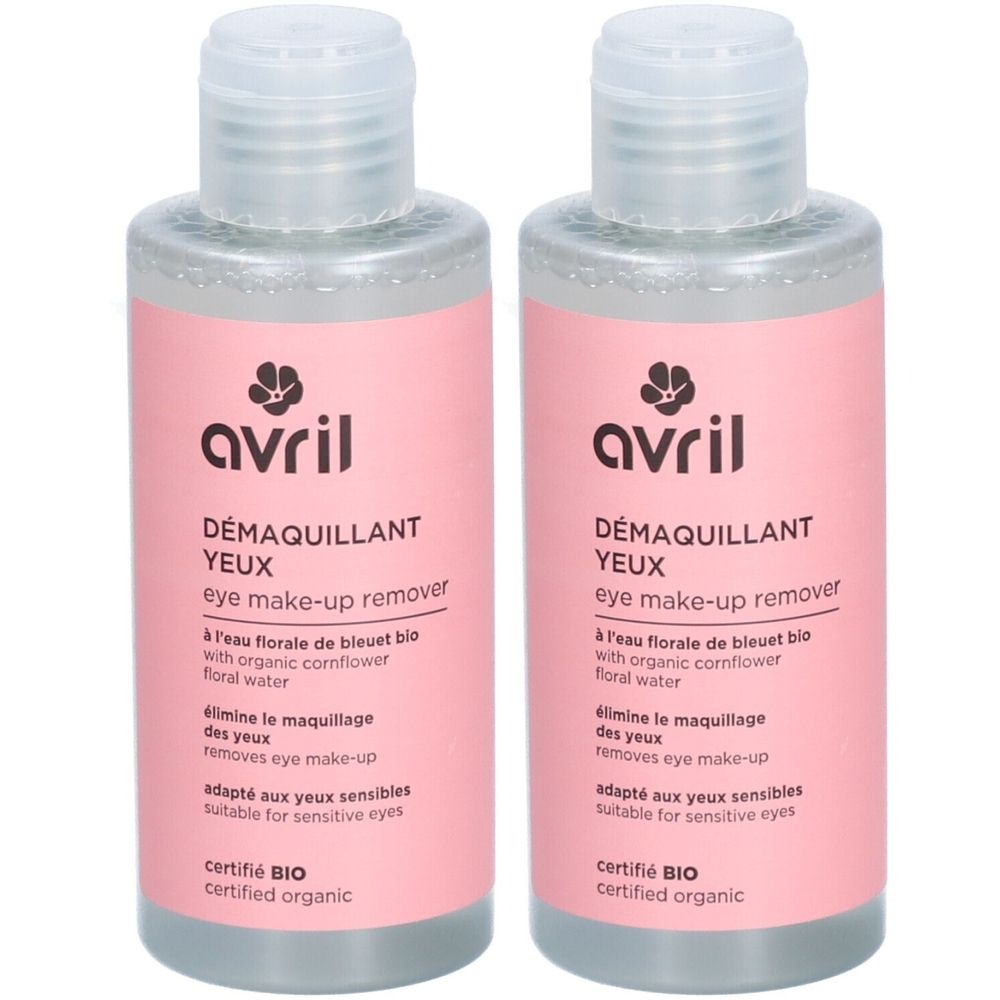 Twee flessen oogmake-up remover. Roze etiket met tekst en logo. Gecertificeerd biologisch product.