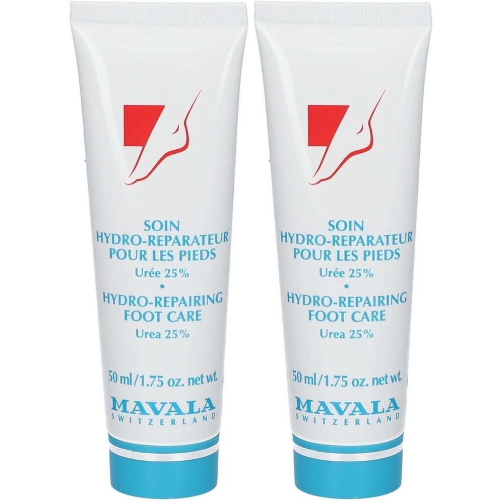 Twee tubes voetcrème. Wit met rode accenten en voetillustratie. Tekst: Soin Hydro-Réparateur, Urée 25%, MAVALA.
