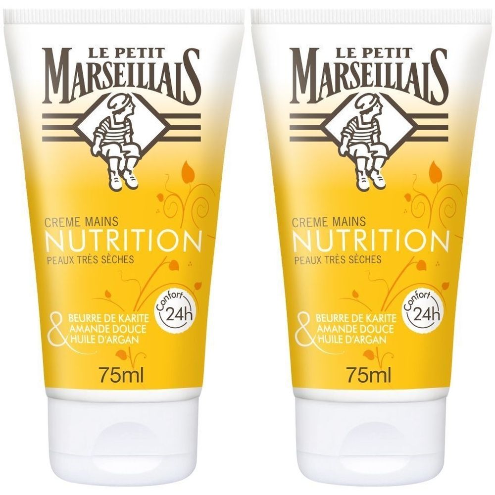 Twee tubes handcrème. Opschrift: Le Petit Marseillais, Crème Mains Nutrition, Peaux très sèches. Met shea butter, amandelolie en arganolie.