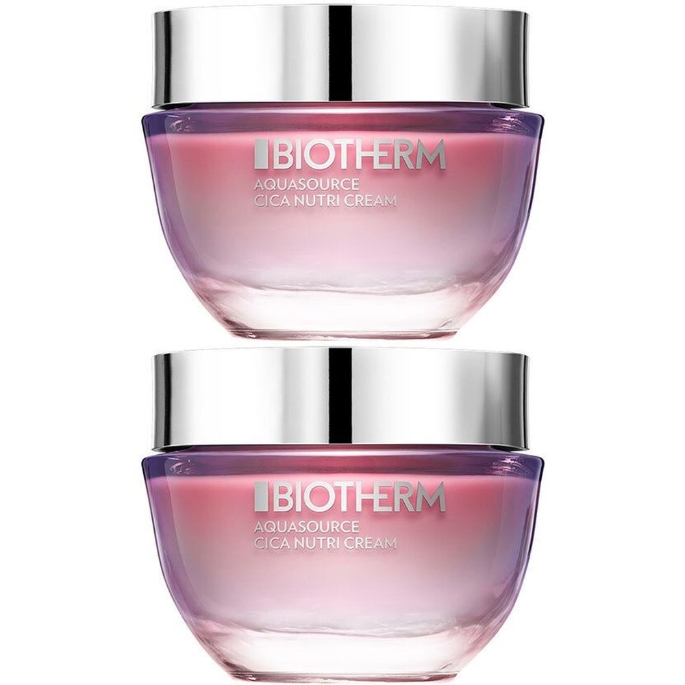Twee potten BIOTHERM Aquasource Cica Nutri Cream. Glazen potten met zilveren deksels. Roze crème zichtbaar.