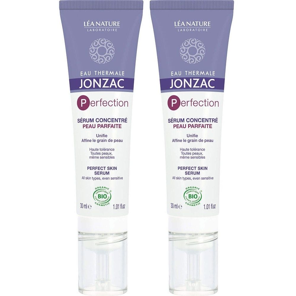 Twee tubes serum. Paars en wit. Opschrift: Eau Thermale Jonzac Perfection. Bio-certificering.