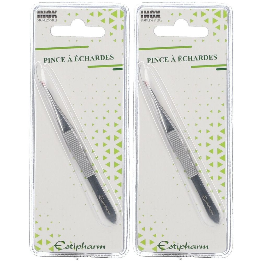 Twee pincetten voor splinters in blisterverpakking. Merk Estipharm. Roestvrij staal. Tekst: Pince à échardes.