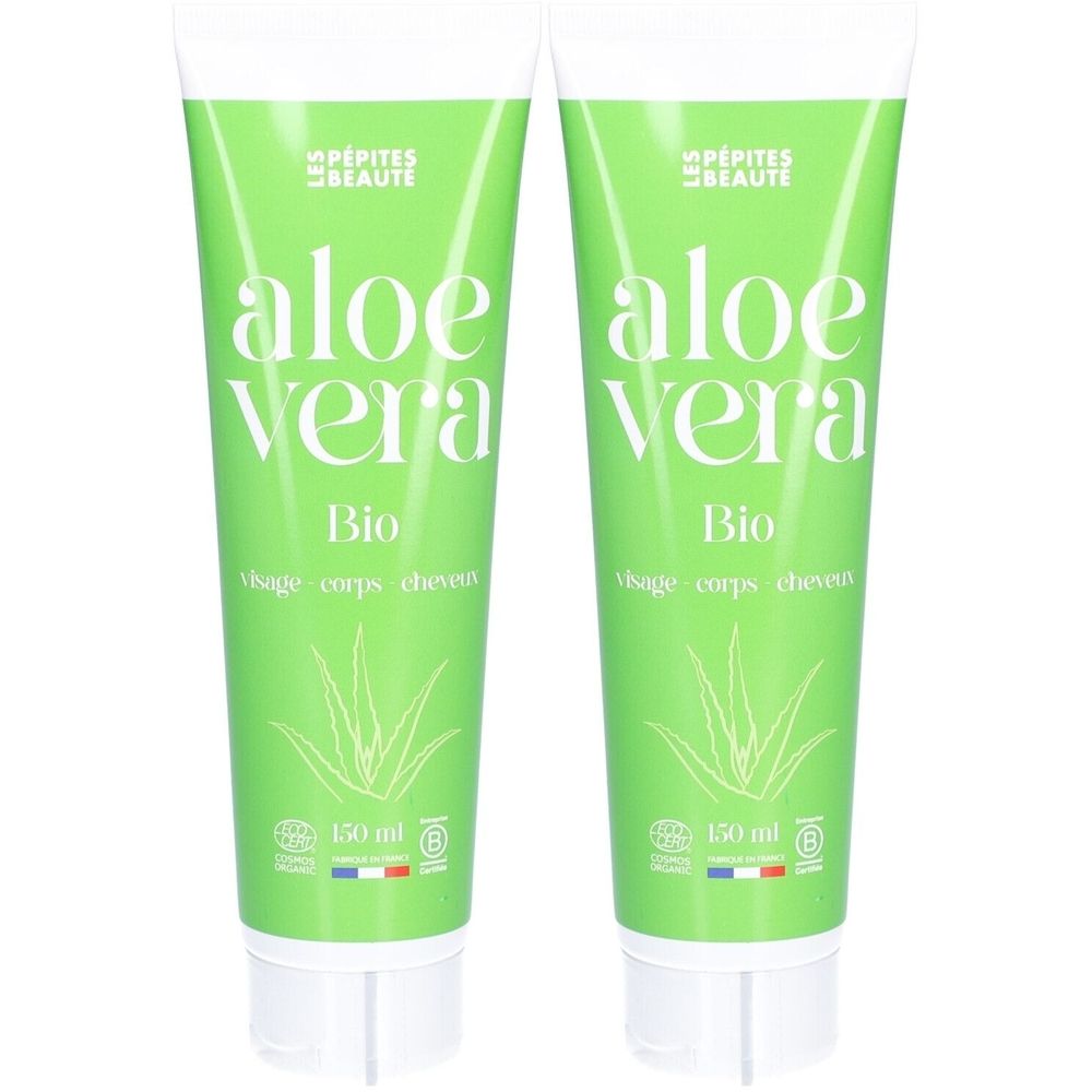 Twee groene tubes met witte tekst: Aloe Vera Bio. Tekst: visage, corps, cheveux. Onder: 150 ml.