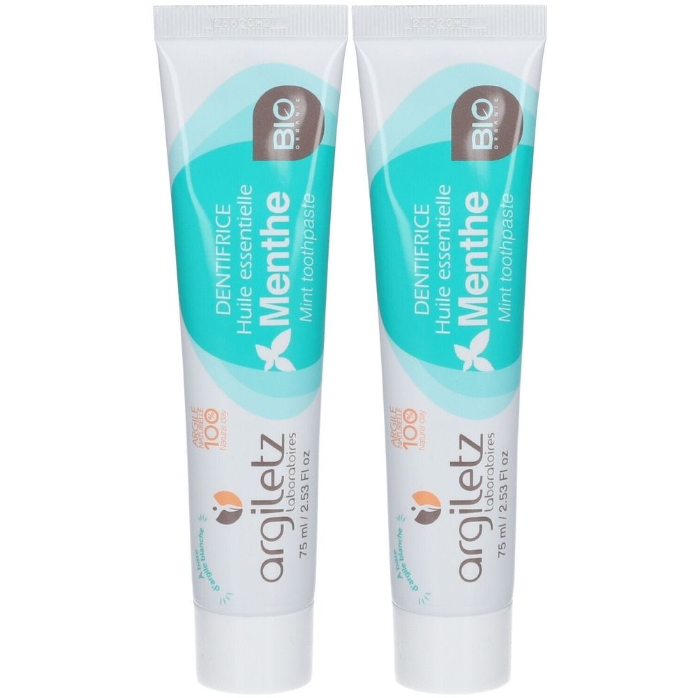 Twee tubes tandpasta. Opschrift: Argiletz, Menthe, BIO. Mint smaak. 75 ml.