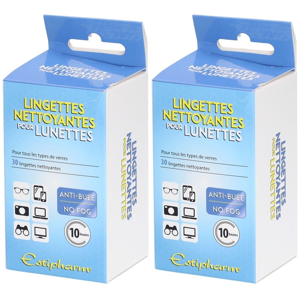 Twee dozen brillenreinigingsdoekjes. Opschrift: Lingettes nettoyantes pour lunettes. Merk: Estipharm. Anti-condens.