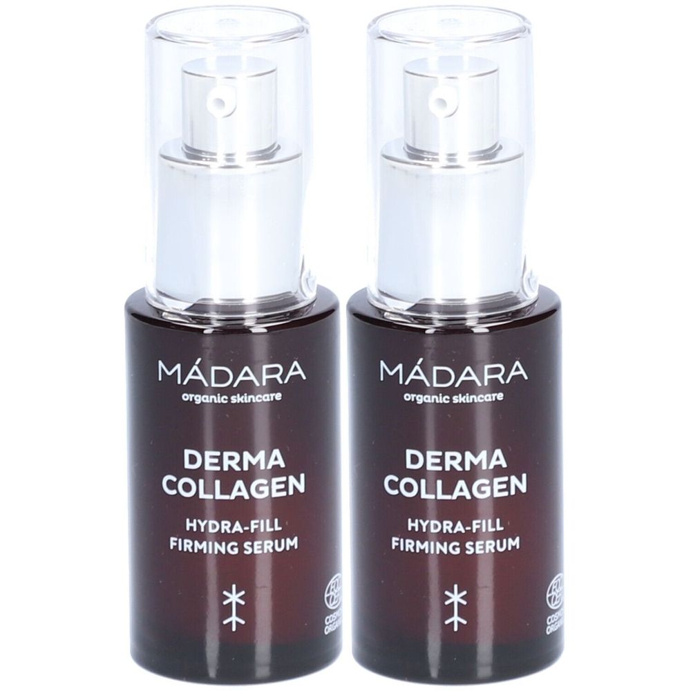 Twee flessen Mádara Derma Collagen Hydra-Fill Firming Serum. Bruine glazen flessen met zilveren pompkopjes en witte tekst.