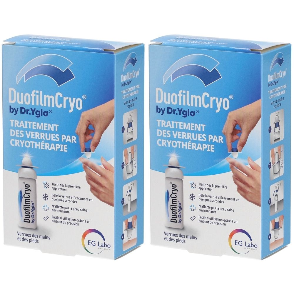 Twee dozen met productopdruk. Opschrift: DuofilmCryo by Dr. Yglo, behandeling van wratten door cryotherapie. Flesje met applicator afgebeeld.