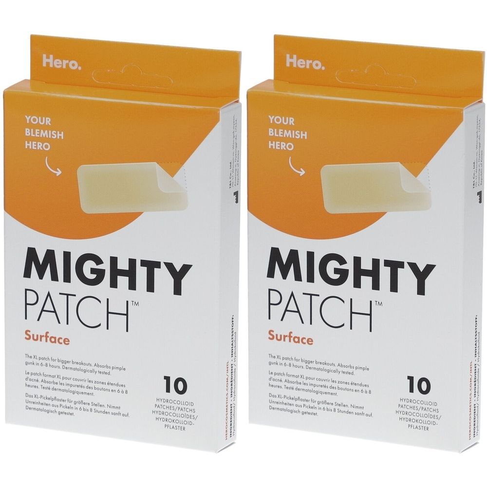 Twee dozen "MIGHTY PATCH Surface". Bevat 10 pleisters. Merk: Hero. Opschrift: "YOUR BLEMISH HERO".