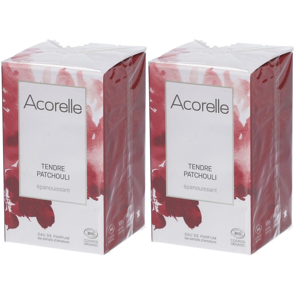 Twee parfumdozen. Opschrift: Acorelle, Tendre Patchouli, bio-certificering. Verpakt in plastic folie.