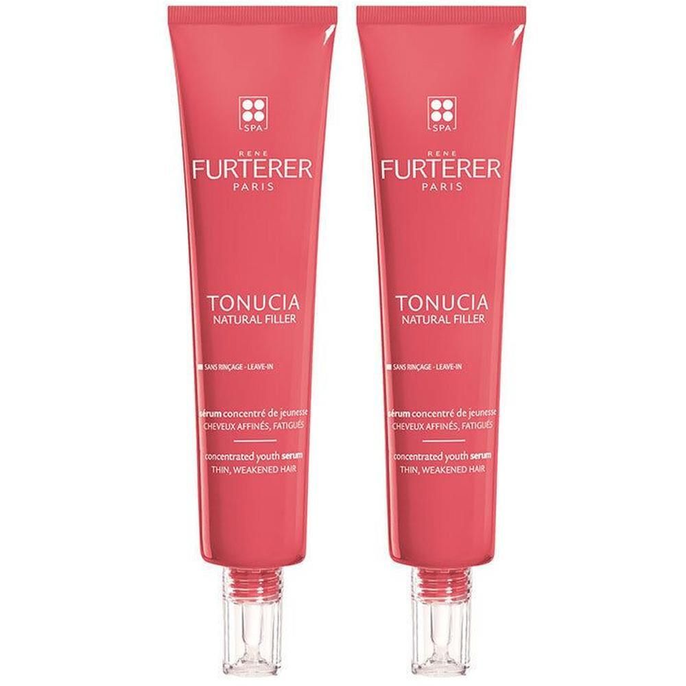 Deux tubes de sérum René Furterer TONUCIA Natural Filler. Tubes roses avec texte blanc. Applicateurs transparents.