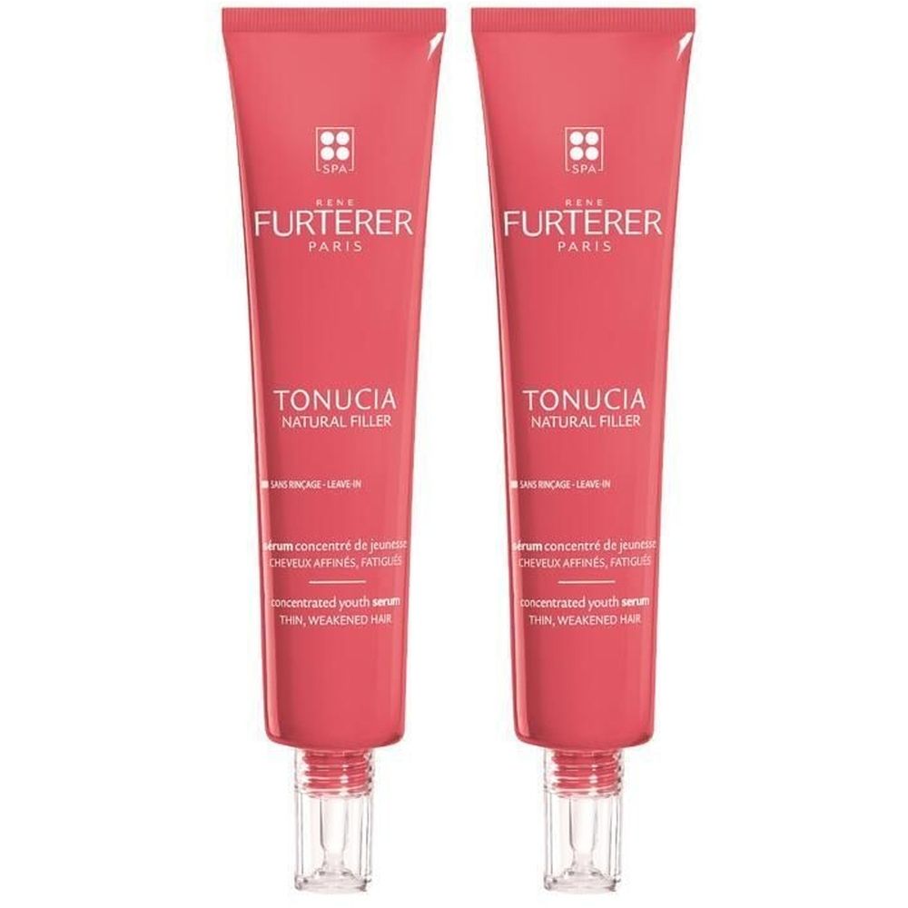 Deux tubes de sérum René Furterer TONUCIA Natural Filler. Tubes roses avec texte blanc. Applicateurs transparents.