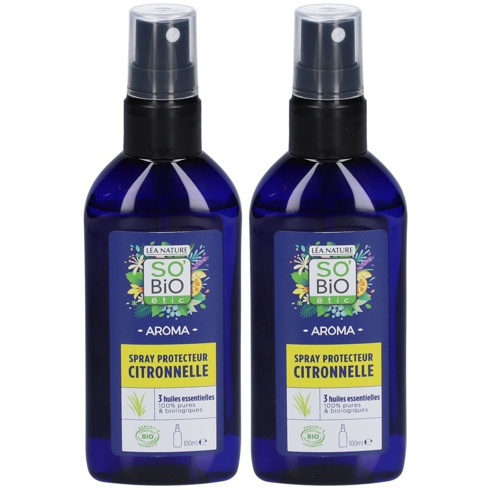 Twee blauwe spuitflessen met zwarte sproeikop. Opschrift: SO BIO ETIC, Spray Protecteur Citronnelle. Bio-certificering.
