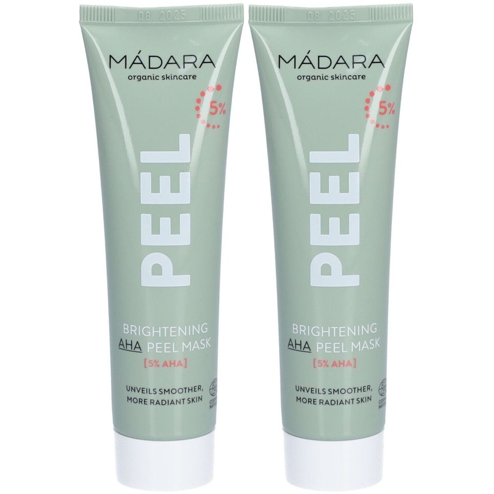 Twee tubes Mádara Brightening AHA Peel Mask. Lichtgroene tubes met witte tekst. Opschrift: PEEL, Brightening AHA Peel Mask.