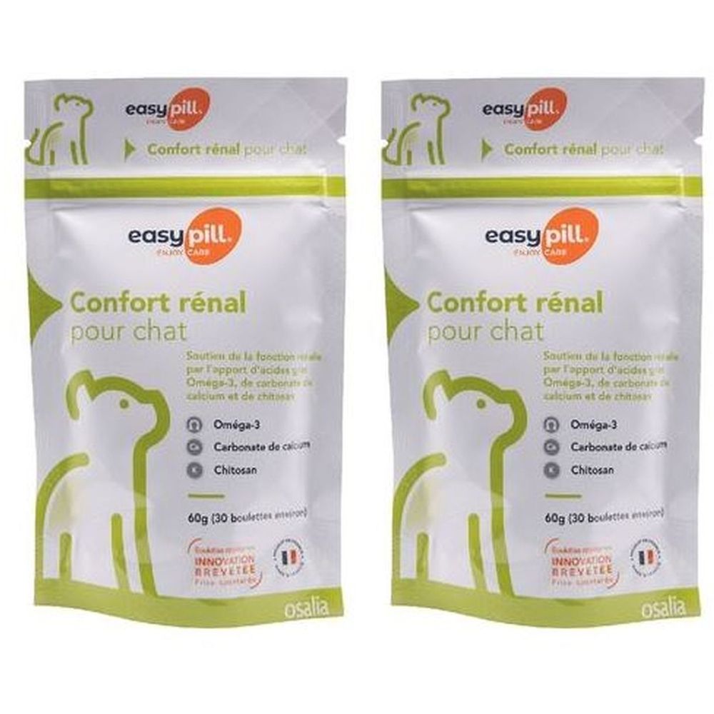 Twee zakjes Osalia Easypill® Confort Rénal voor katten. Wit met groene accenten. Tekst: Confort rénal pour chat, Omega-3, Chitosan.