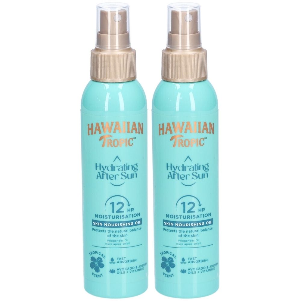 Twee spuitflessen met turquoise vloeistof. Opschrift: Hawaiian Tropic, Hydrating After Sun, 12 uur hydratatie. Huidverzorgende olie.