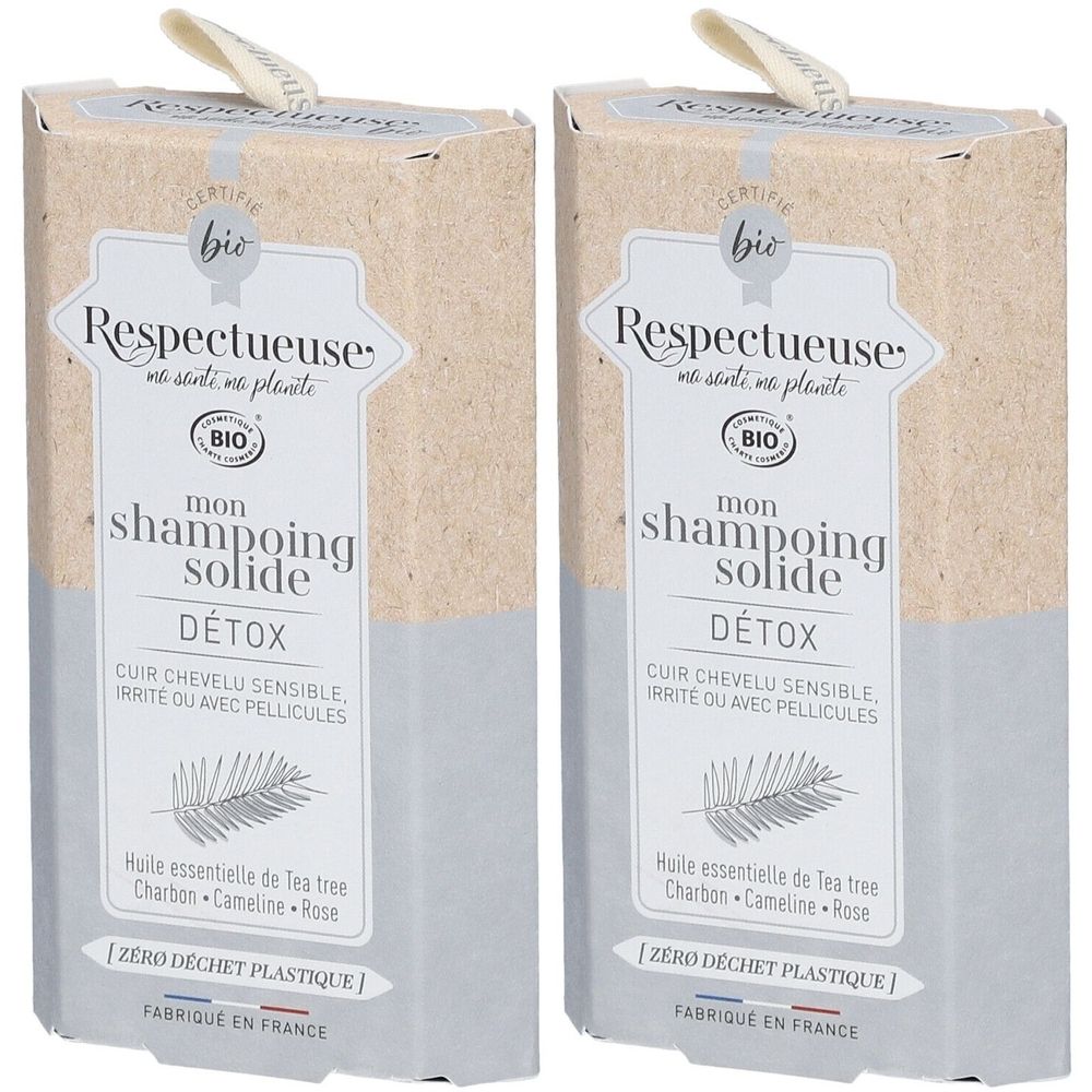 Deux boîtes rectangulaires de shampoing solide. Inscription: Respectueuse, certification Bio, mon shampoing solide DÉTOX.