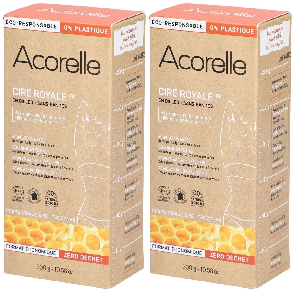 Deux boîtes de Cire Royale en billes Acorelle. Inscription: Cire Royale, 300g, 0% plastique, éco-responsable, pour corps, visage et petites zones.
